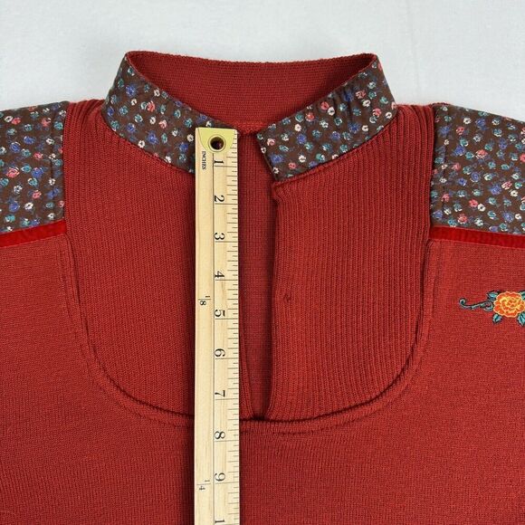 Vintage 80s Womens Mock Neck Sweater Small Rust Micro Floral Embroidered Fall - Picture 12 of 16